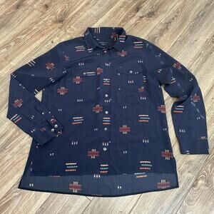 Pendleton Silk Button Down Shirt Aztec Rare Chief Joseph Navy Print Blouse Top M